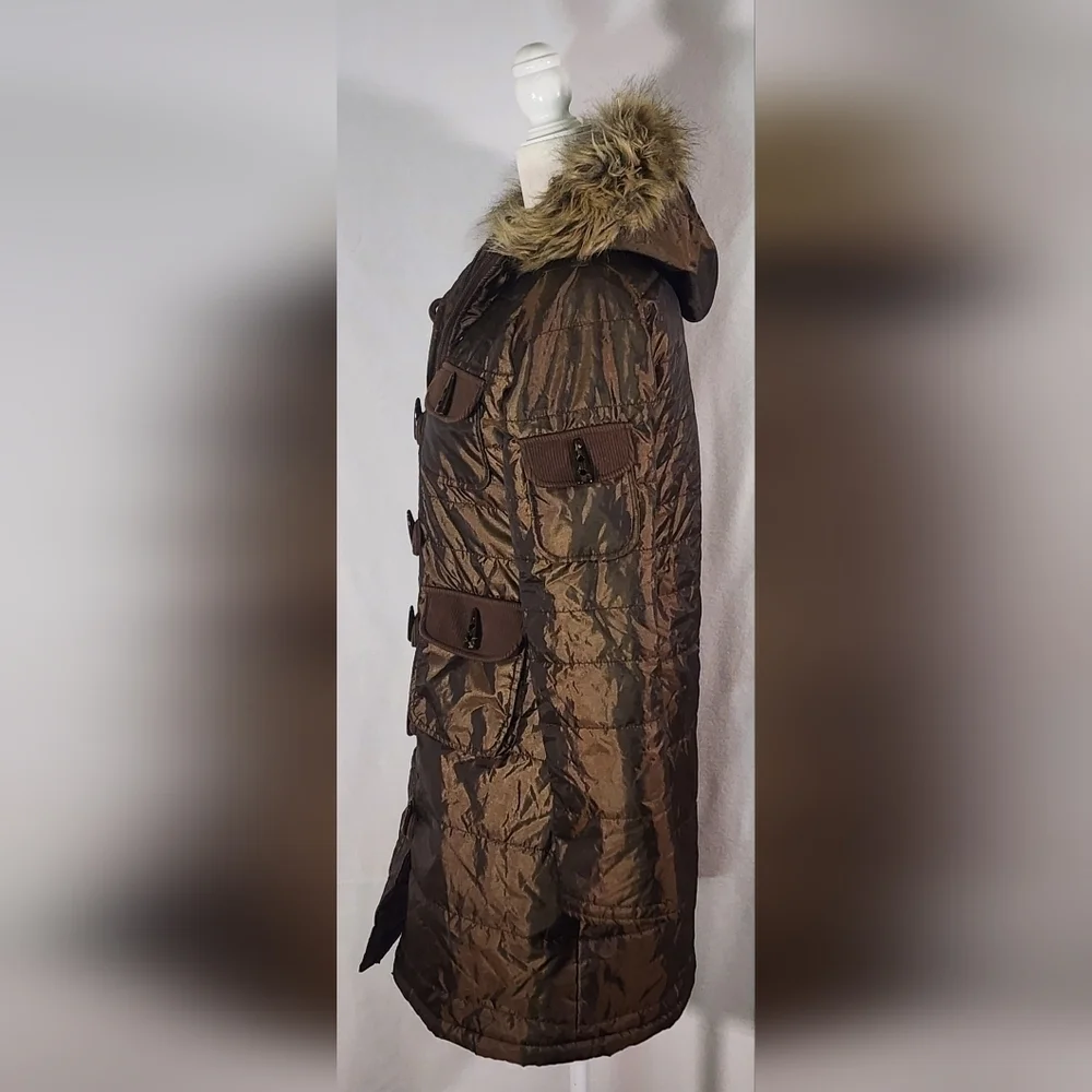 Tulle Anthropologie Brown Button Front Furry Hood Women's Puffer Coat Parka Smal - Picture 2 of 12